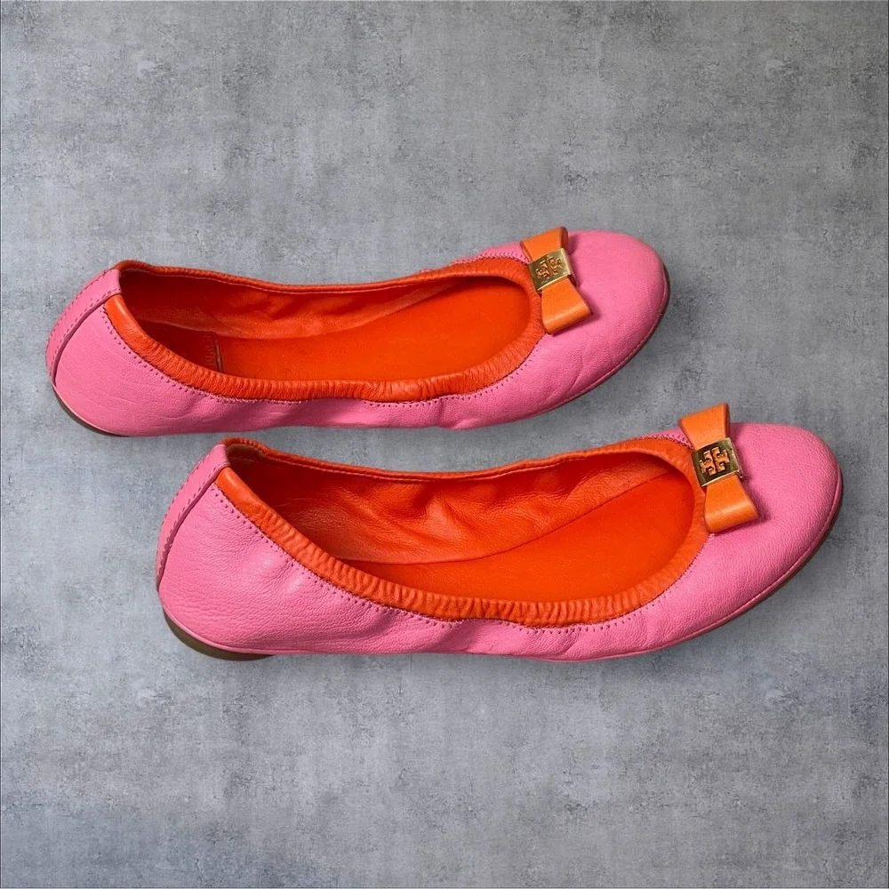Tory Burch Eddie Bow Ballet Flats Womens 5.5 Colorblock Pink/Orange Leather